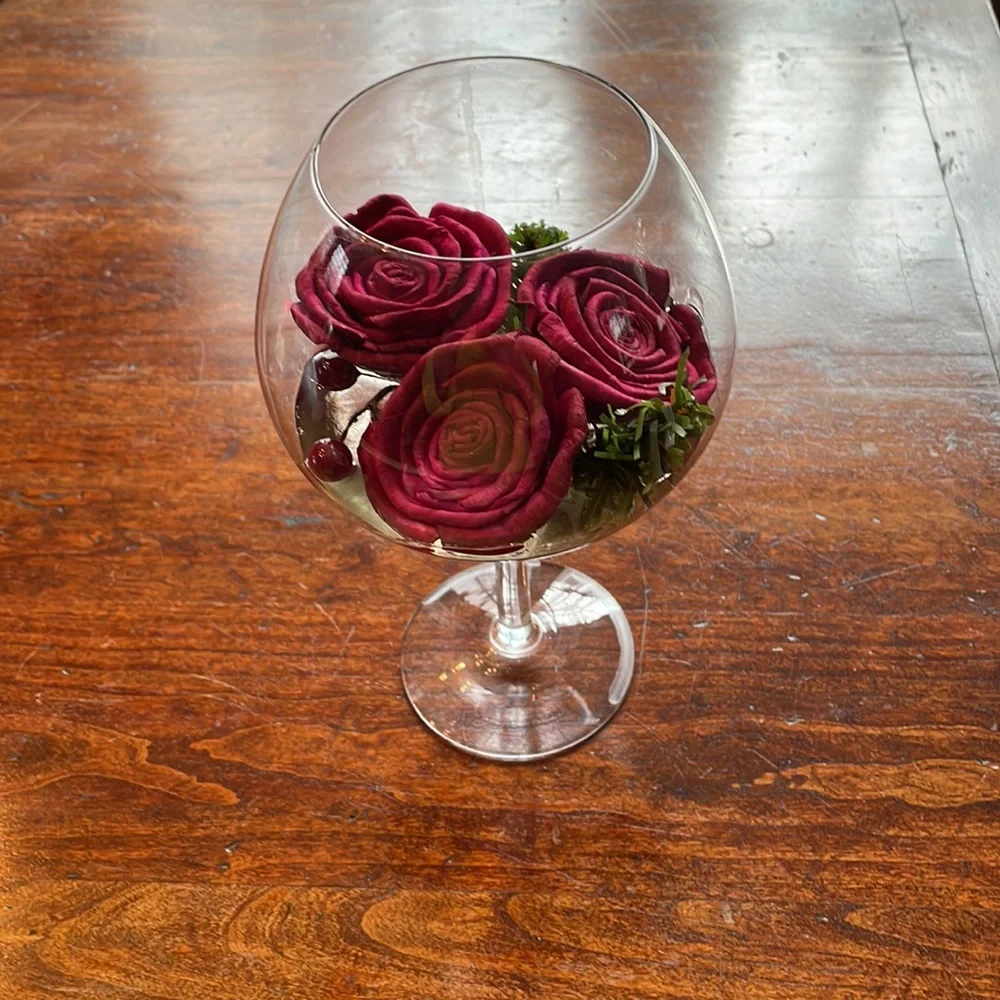 Handcrafted paper roses imbedded in resin in a glass goblet 🌹